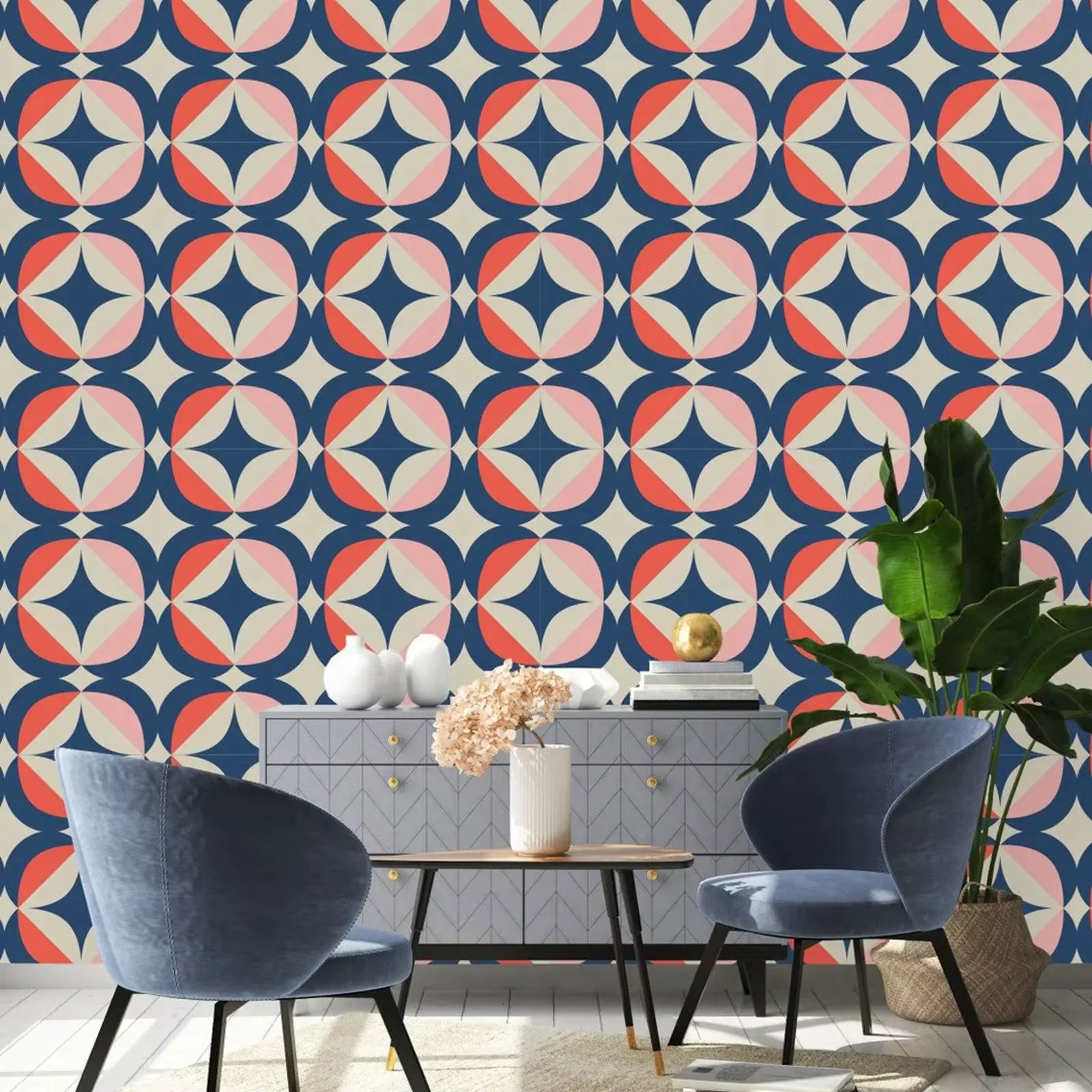 Modern Boho Wallpaper ,Geometric Bohemian Non-Woven Wall Paper ,Abstract  Colorful Peel and Stick  Wall Papers,Removable