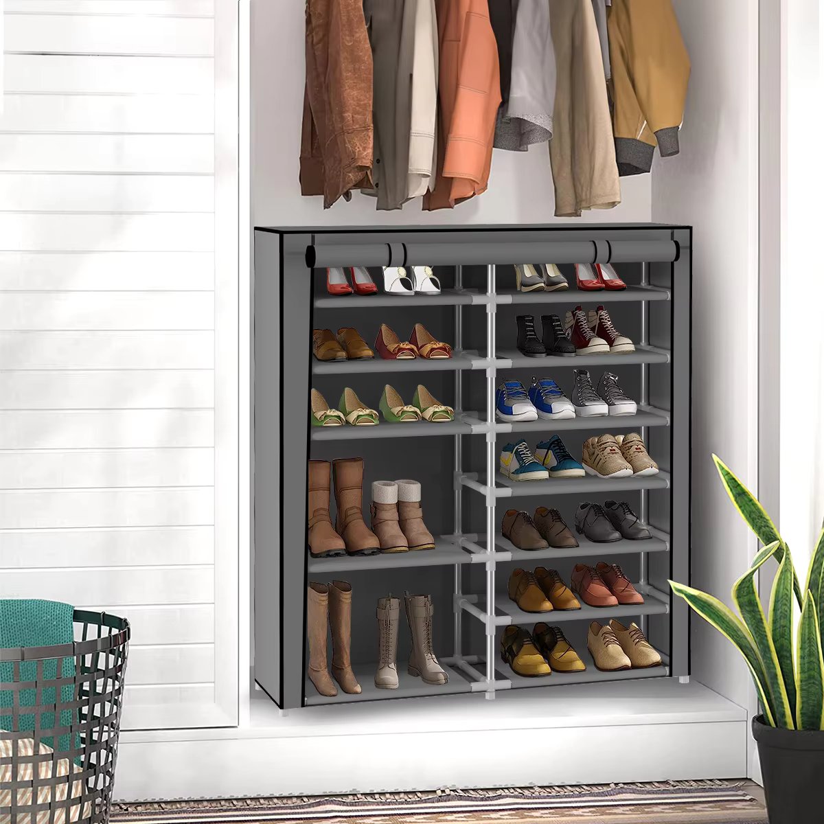 Porta Sapatos Sapateira Armário Organizador Dobrável 12 Prateleiras Resist Cor:Cinza