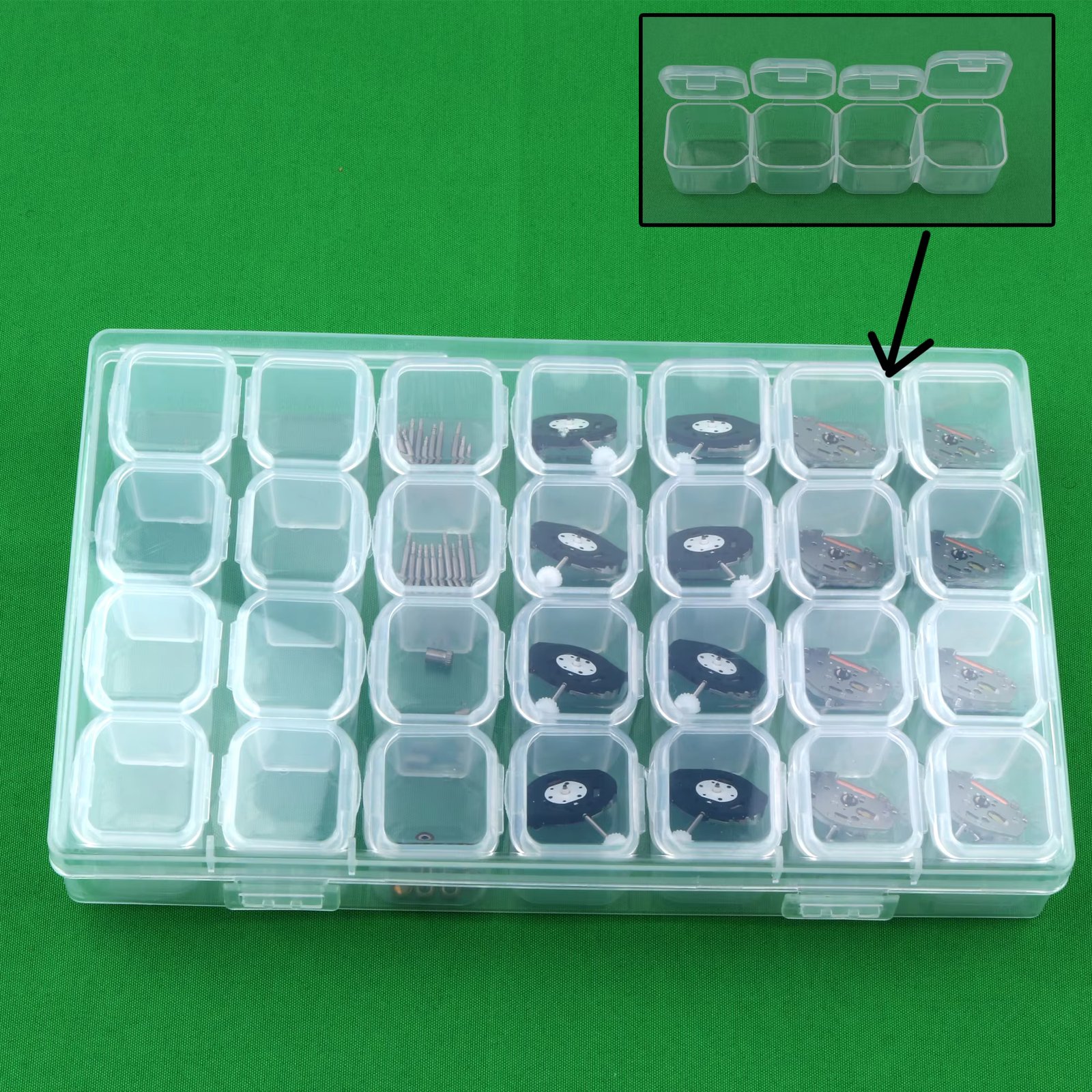transpar28 plastic compartment storage box, which can store the movement ，watchhand,crown， Fall prevention and damage prevention