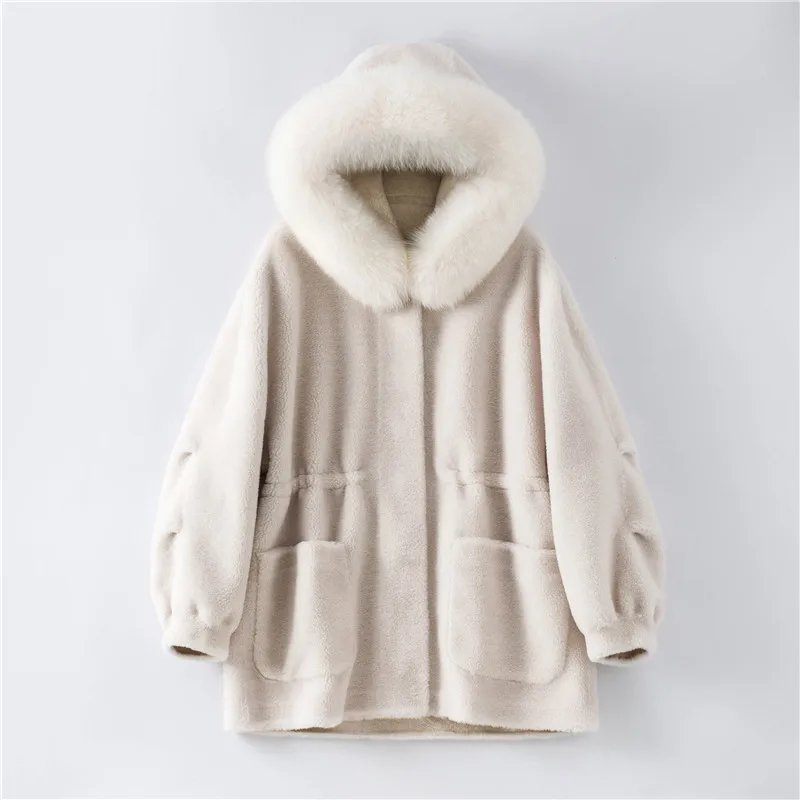 H18050 Pudi Women H18050 Real Sheep Fur Coat Jacket Female Winter Fox Fur Collar Jackets Plus Size Hooded Parka Trench