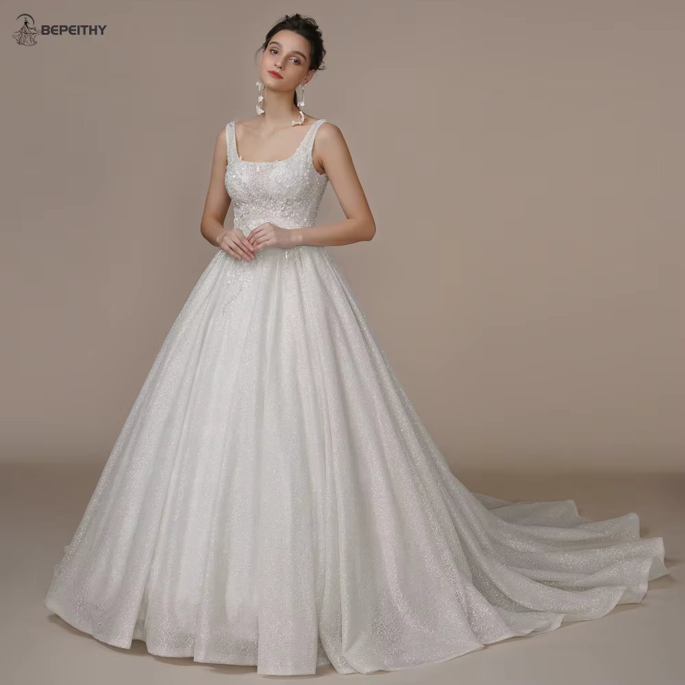 BEPEITHY Customized Exquisite Glitter A Line Wedding Dresses Court Train Princess Sexy Open Back Modern Bride Ivory Bridal Gown