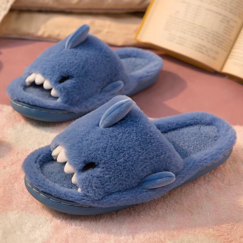 Kidmi Winter Fur Plush Shark Slippers Women New Cartoon Shark Fluffy Slippers Man Indoor Warm Soft Cotton House Shoes For Women