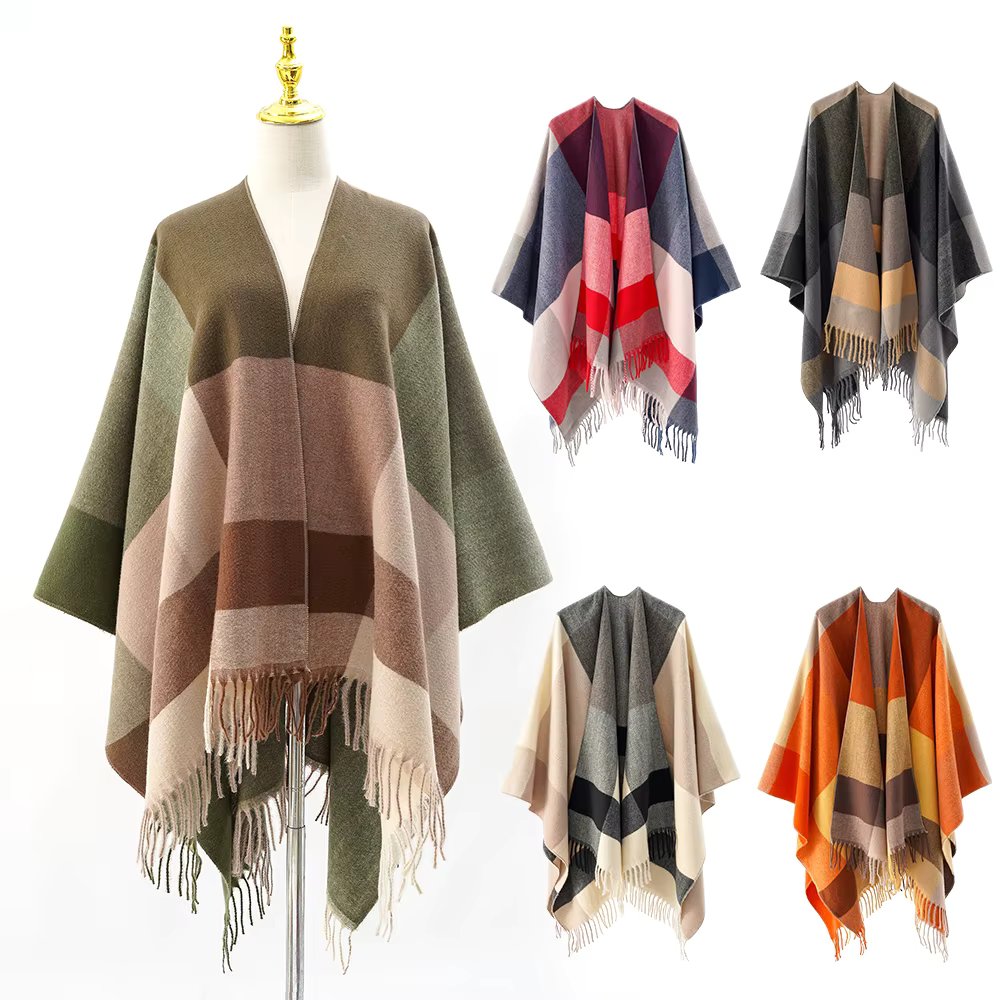 Multi-Color Plaid Shawl Cloak with Tassel Personalized Oversized Soft Cape Pullovers Female Cape Shawl for Women Autumn Winter