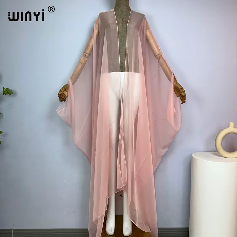 WINYI Beach sexy Cover Ups for Swimwear Women Kimono Swimsuit Cape Summer Dress 2023 Beachwear Monochrome perspective yarn dress