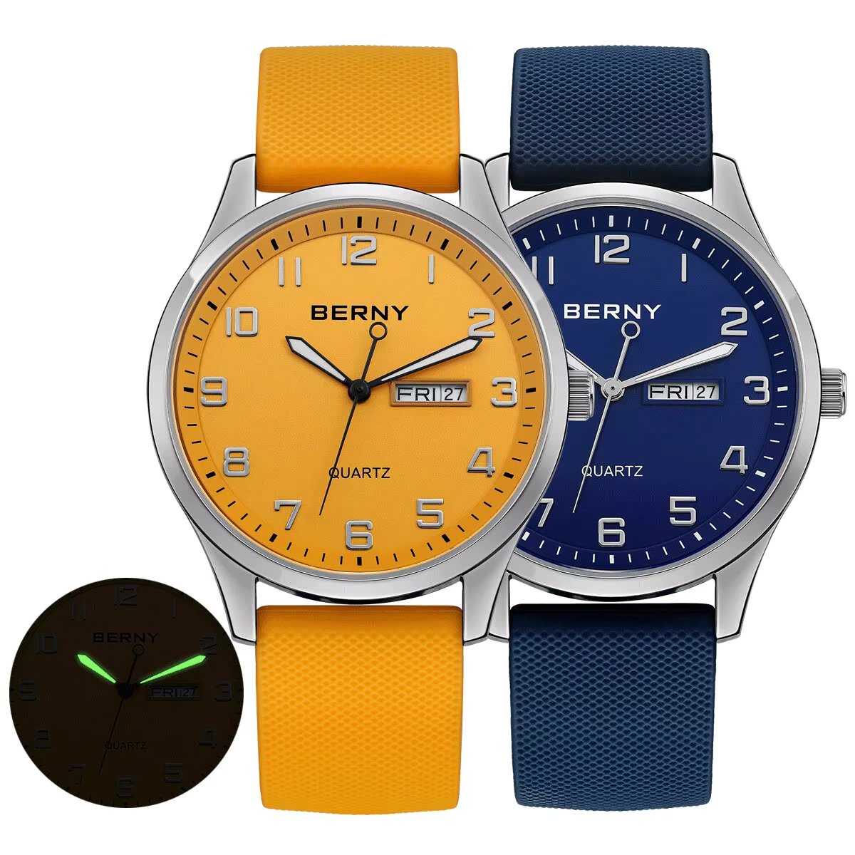 BERNY Men's Watches Luminous Calendar Week Quartz Men Watch Casual Soft Silicone Strap Easy Read Big Dial Sports Wristwatch