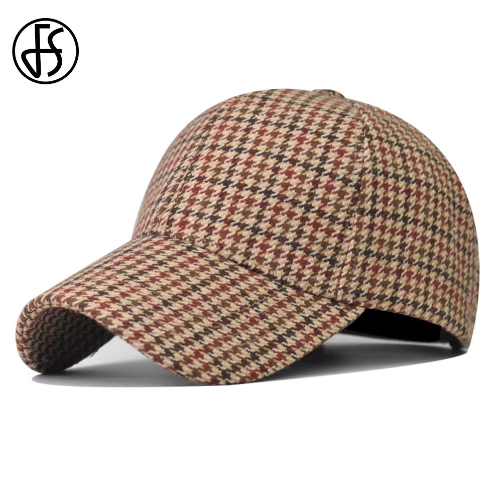 FS Vintage Brown Plaid Baseball Caps For Men Cotton Women Winter Cap Luxury Brand Houndstooth Trucker Hat Casquette Femme 2024