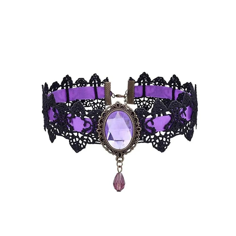 1PC New Vintage Gothic Choker Necklace Fashion Lace Gemstone Pendant Necklace for Women Girl Velvet Chain Cosplay Jewelry Gift