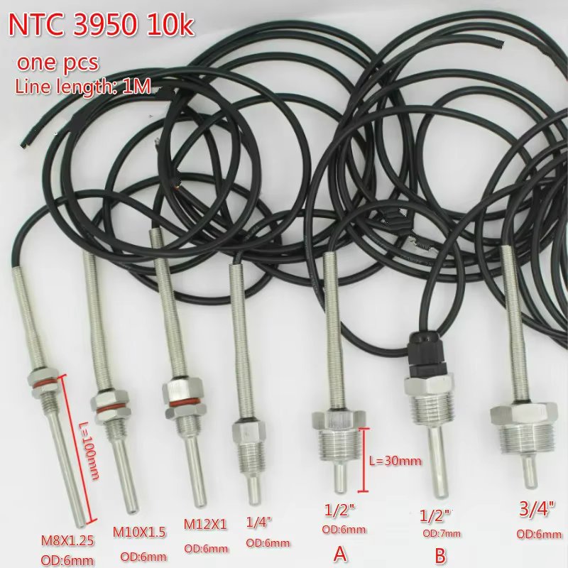 NTC 3950 10K Digital Temperature Sensor G1/2" 1/4" 3/4" M10X1.5 M12X1 Thread 1m PVC 2-core Wire SUS304 Stainless Steel Shell