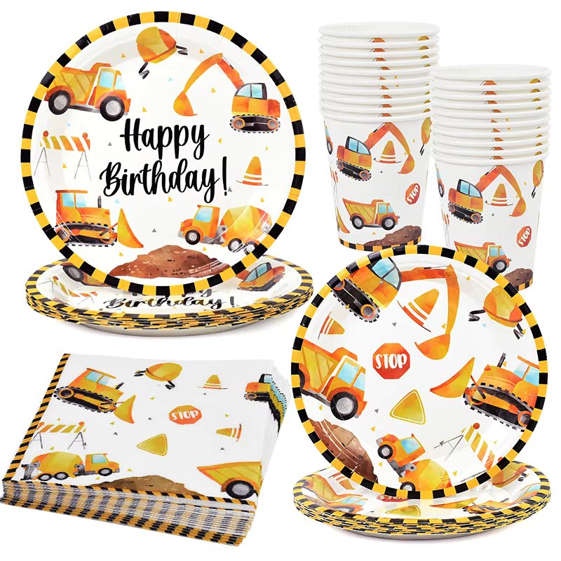 Construction Party Disposable Tableware Kids Boys Engineering Vehicle Theme Birthday Party Decorations Truck Balloon Supplies
