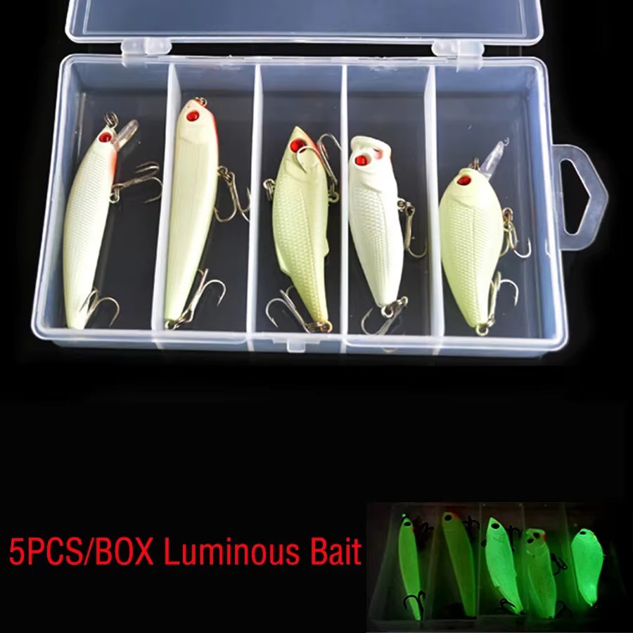 5pcs/Lot Night Glow Crankbaits Fishing Lures Set Minnow Wobblers Popper Vib Pencil Luminous Artificial Baits Kit With Lure Box