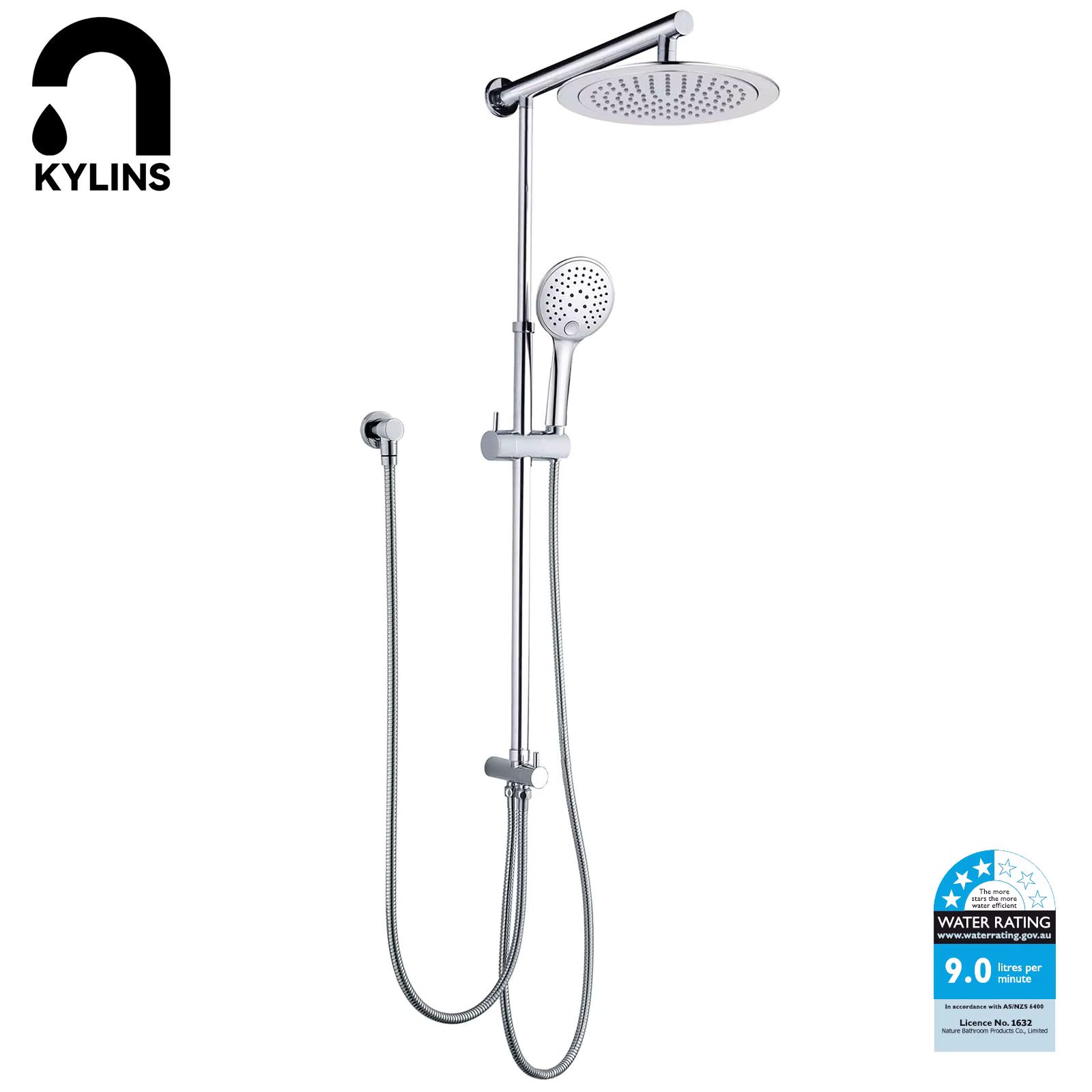 **Sydney Stock** KYLINS WELS 9" Rain Shower Head Adjustable Sliding Rail Set Dual Hose Twin Head Chrome