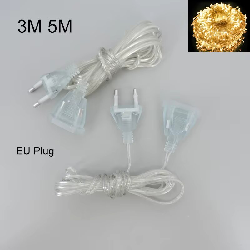 3M 5M Power Extension Cord For EU Plug LED Holiday Light String Extension Standard Switch Cable Christmas Curtain Light M20