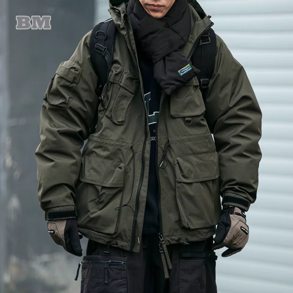 Winter American High Quality Outdoor Cargo Hooded Puffer Jacket Men Clothing Harajuku Casual Windproof Hiking Suit Korean Coat