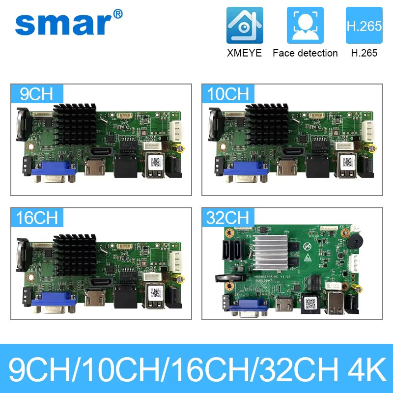 Smar CCTV 9CH 10CH 16CH 32CH 4K NVR Motherboard H.265+Network Video  Recorder For 5MP 8MP IP Camera Support Face Detection ONVIF