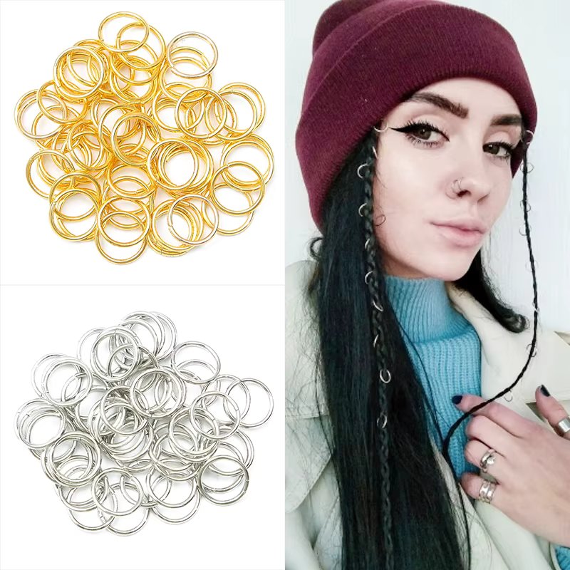50Pcs Mix Color Hair Braid Dreadlock Beads Cuffs Rings Tube Accessories Opening Hoop Circle 10-12mm Inner Hole Hair Rings