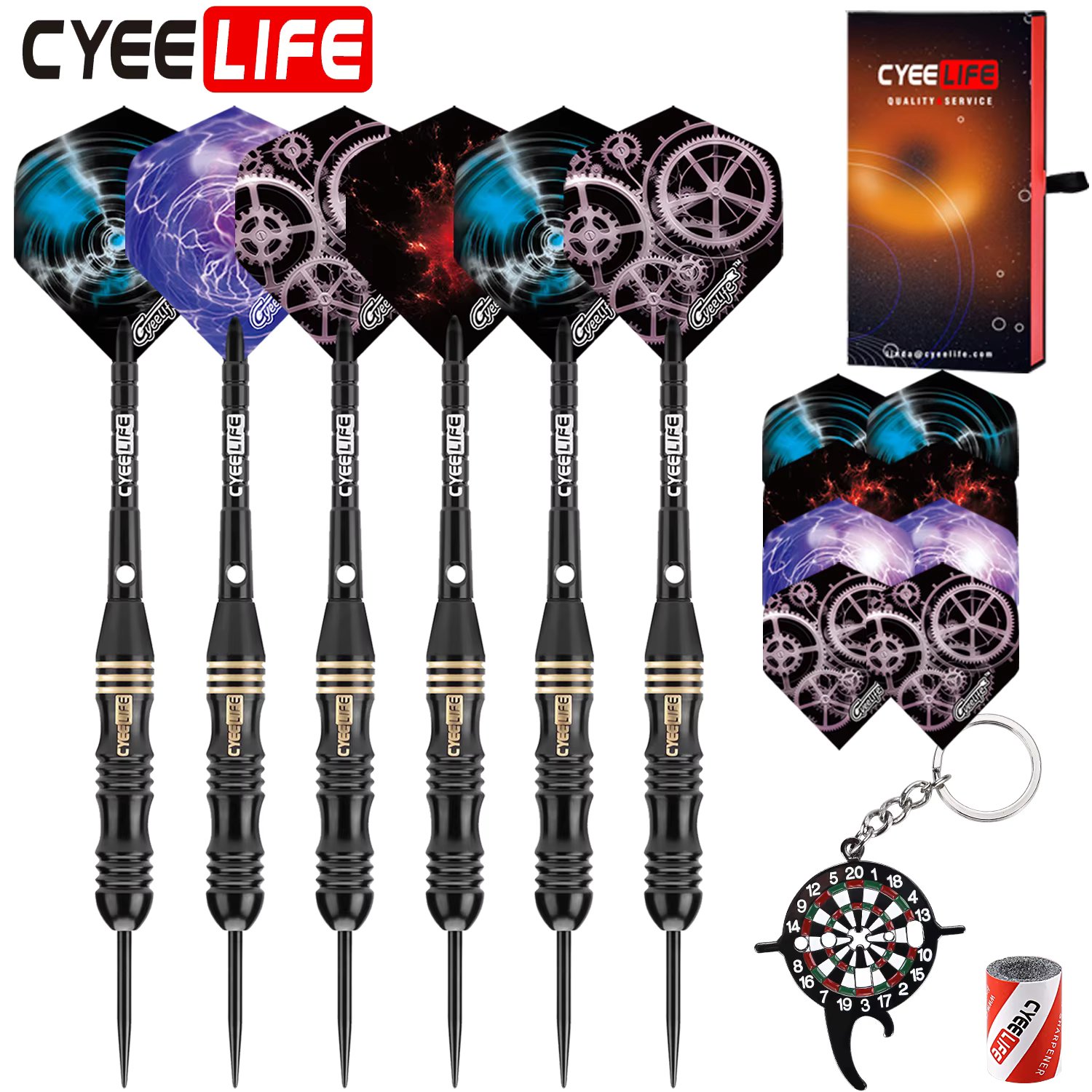 CyeeLife Professional Steel tip Darts 24g+Fat Strong Aluminium shafts+Sharpener+Dart Tool+12 Flights Brass Darts Set