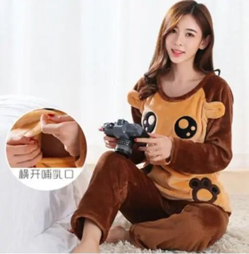 Autumn Long Sleeve flannel Maternity Clothing winter Thin coral fleece Pajamas Set Pregnant Women Breastfeeding Nursing Pyjama