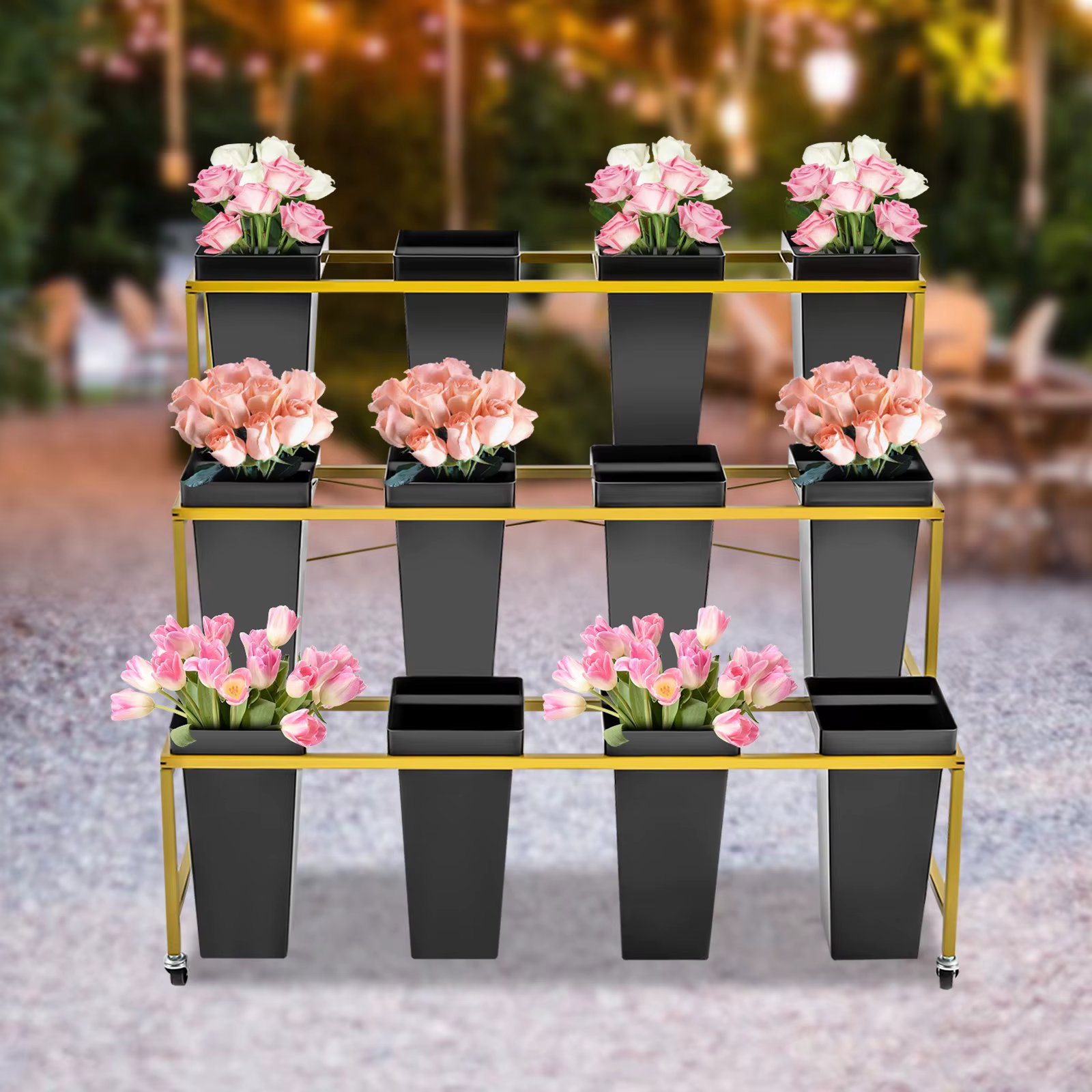 3 Layers Metal Plant Stand with Wheels Flower Display Stand With 12PCS Buckets