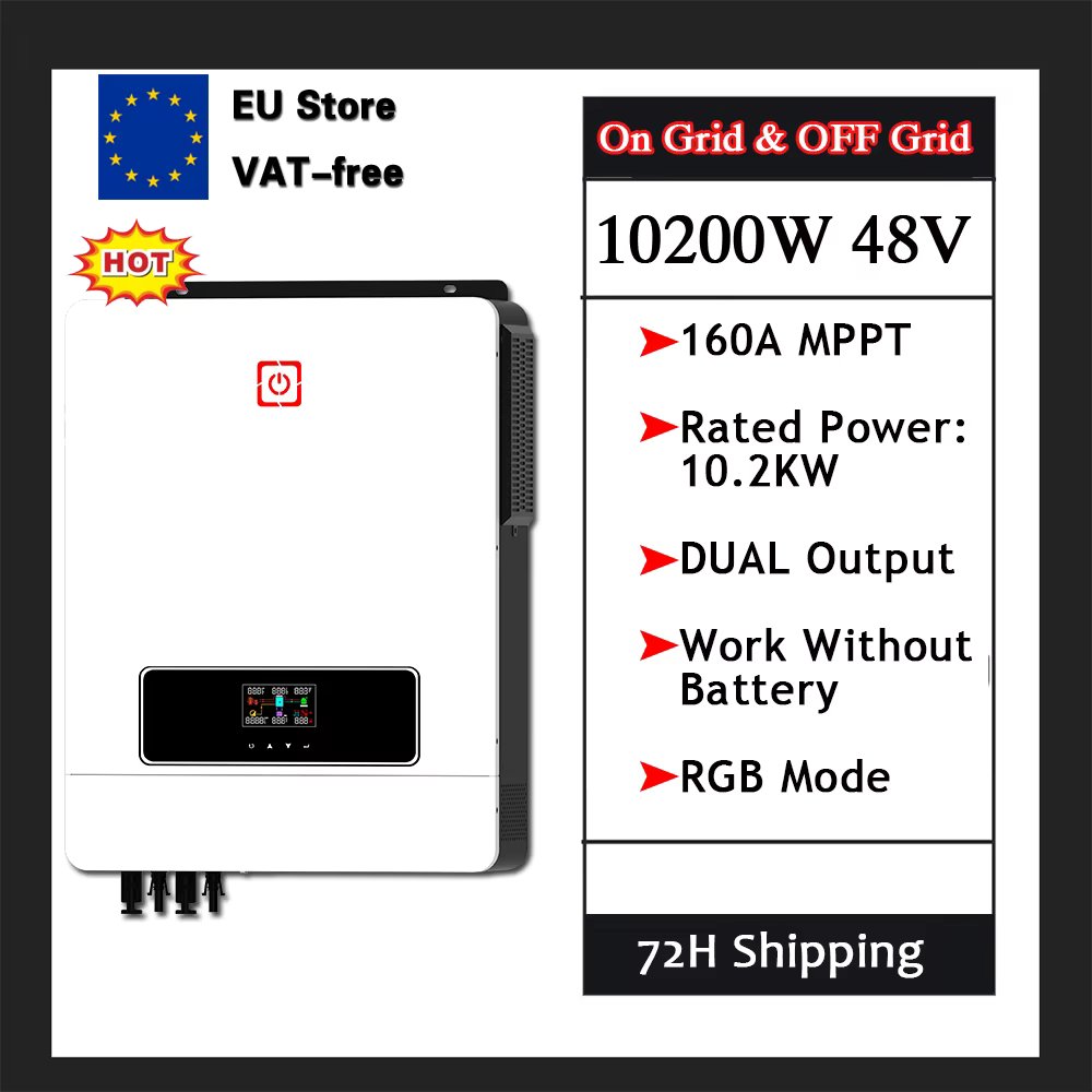 10.2KW 48V 160A MPPT Charger Control High Capacity On/Off Grid Tie Home Solar Power Inverter Touch LCD RGB Light Hybrid Inverter
