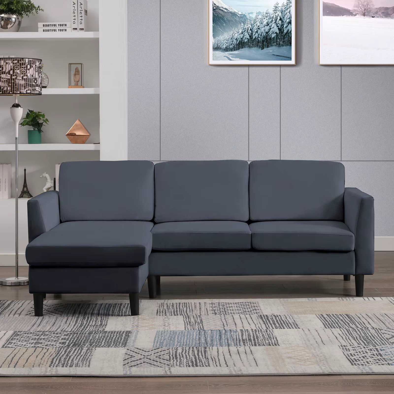 HORGAEO 87 Inch Convertible L Shaped Sectional Sofa with Reversible Chaise, Upholstered 3-seat Sofa Couch