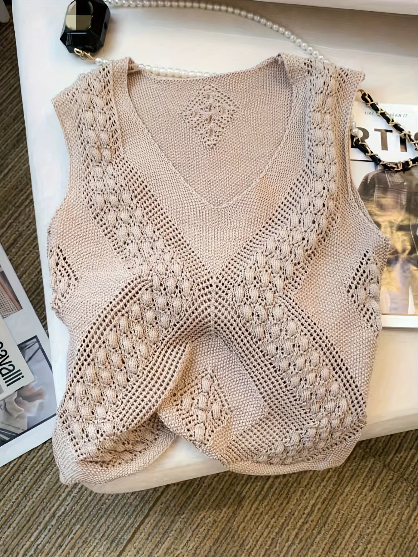 Solid Color V Neck Tank Top, Casual Sleeveless Cut Out Knitted Tank Top For Every Day, Women's Clothing