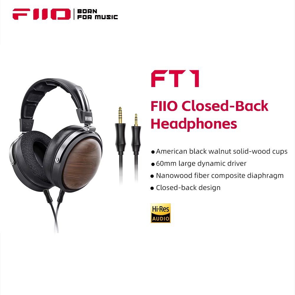 FiiO FT1 Closed-Back Over-Ear  Fiber Composite Diaphragm Wired Hi-Fi Headphones, American walnut/beech wood Ear Cups for Studio