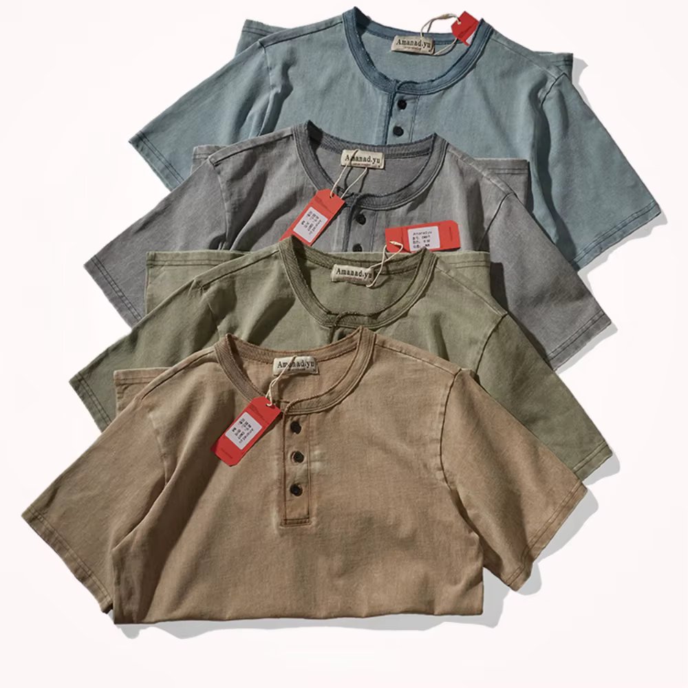 Heavyweight cotton t-shirt men's summer American retro men's Gog heavy Henry collar short sleeve shirt