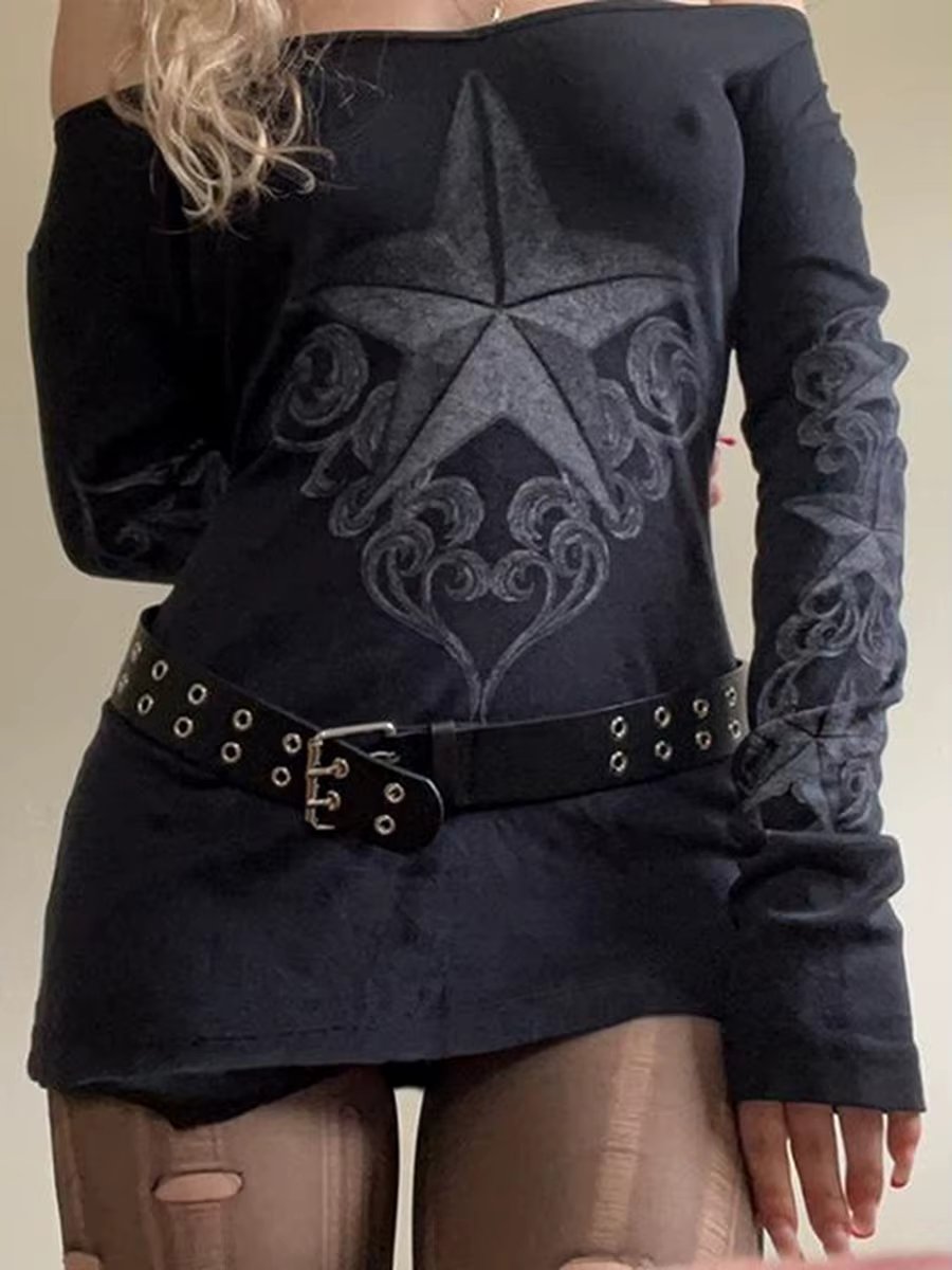 Women s Stylish  Fit Black Long Sleeve T-shirt with Unique Five-pointed Star Print and Deep V-neck Design Available in