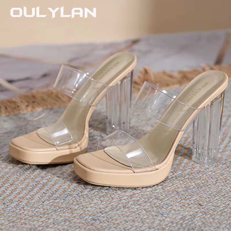 NEW Women's Summer Sexy Shoes Fashion Sheepskin Transparent High Heels Sandals for Outdoor Crystal Thick Heels PVC High Heels