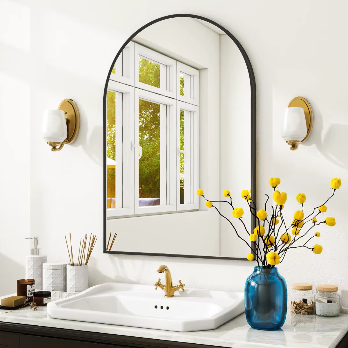 Arched Wall Mirror, 20 x 30 inch Arch Bathroom Mirror, Wall Mounted Vanity Mirror with Arch Metal Frame, Modern Bathroom Mirror