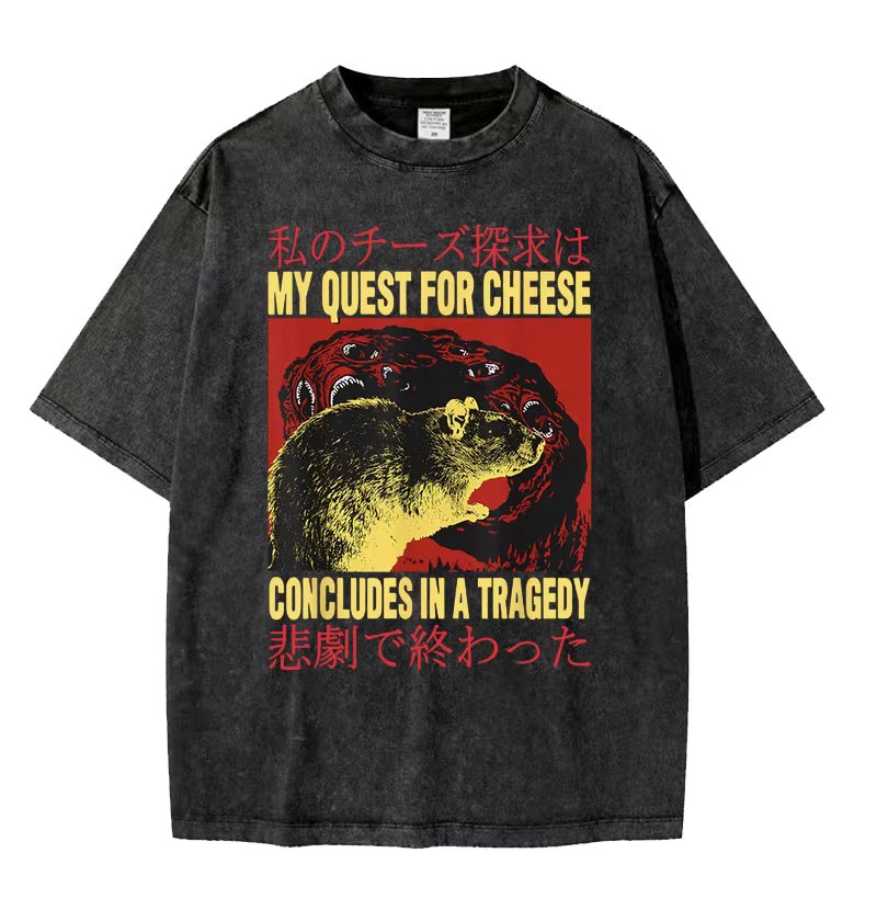 My Quest for Cheese Concludes in A Tragedy T-shirt Funny Meme Japanese Style Rat Graphic T Shirt Men Women Vintage Washed Tshirt