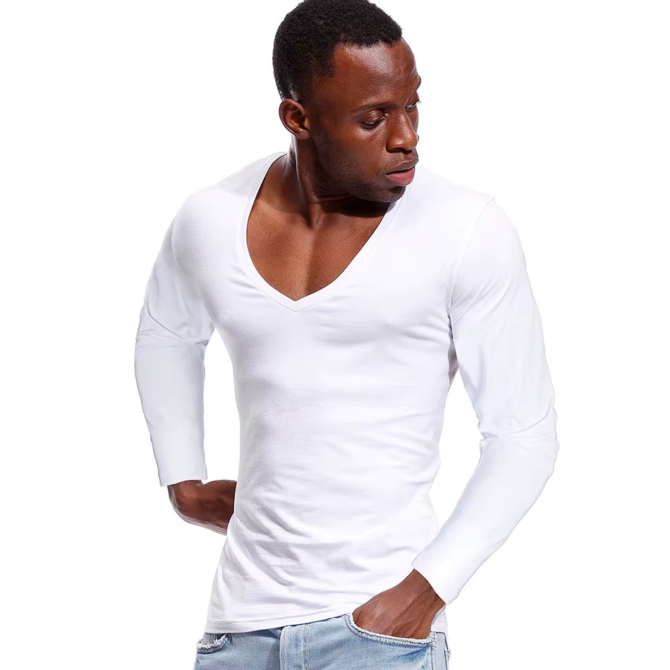 Deep V Neck Tshirt for Men Low Cut Wide Collar Top Tees Male Pure Cotton Slim Fit Long Sleeve  Men T Shirt