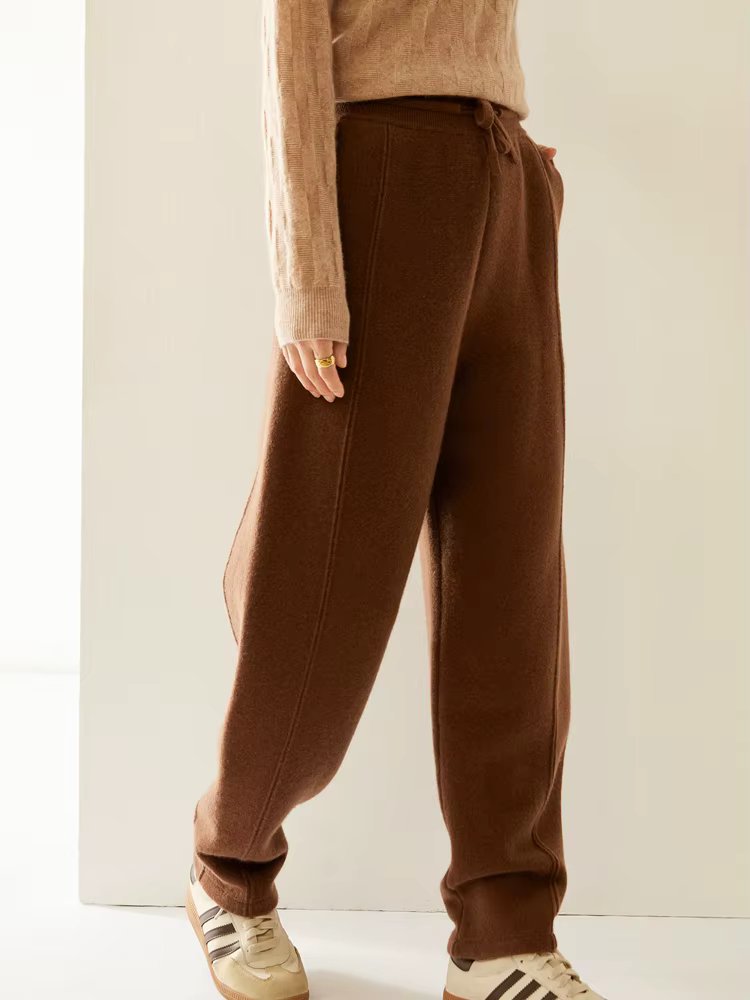 Women Cashmere Pencil Pants Drawstring Elastic Waist Trousers Autumn Winter 100% Cashmere Knit Thick Casual Pockets Banana Pants