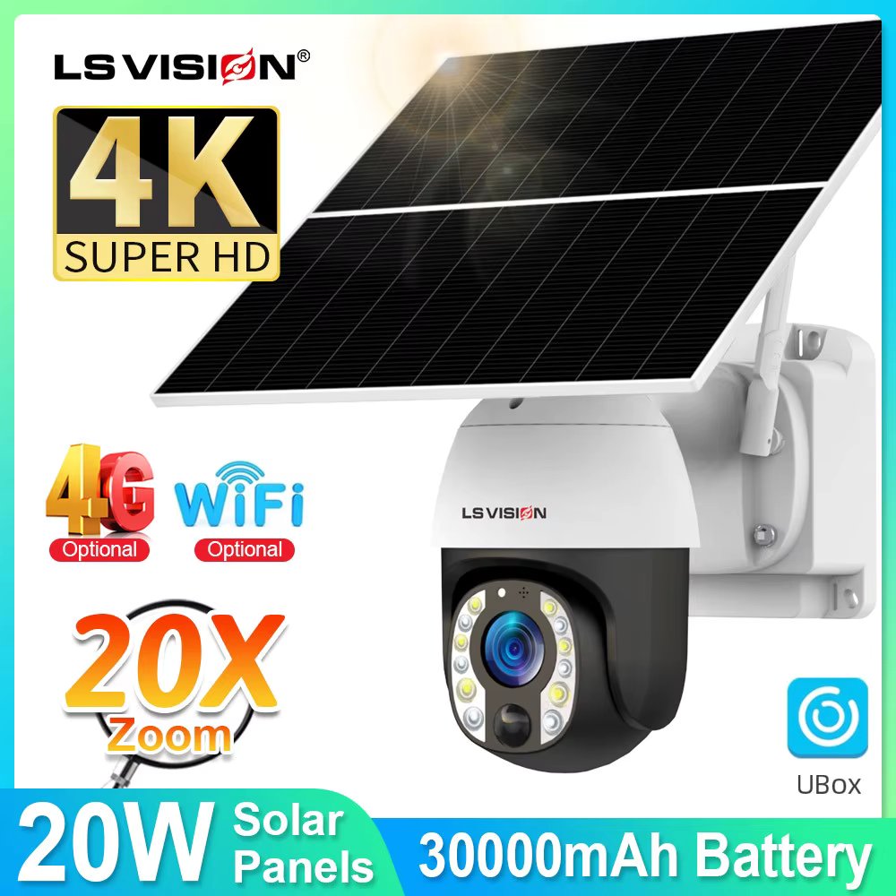 LS VISION 4K 8MP Solar Security Camera 20X Zoom 24/7 Hours Recording 4G/WiFi Auto Tracking 30000mAh Battery Cameras 20W  panel