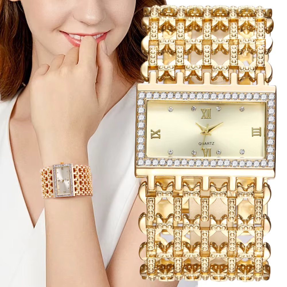Luxury Ladies Simple Diamond Set Square Bracelet Quartz Watches Fashion Gold Stainless Steel Skeleton Women Clock Dress Watch