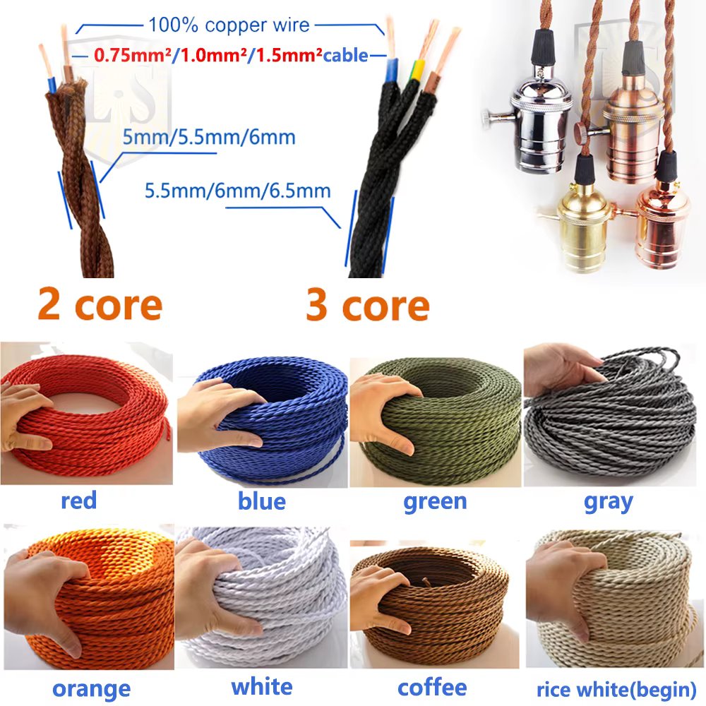 Vintage Twisted Fabric Electrical Wire Braided Lighting Cable Lamp Cord 2 Core 3 Core  Edison Bulbs Woven Flexible Wire Cord