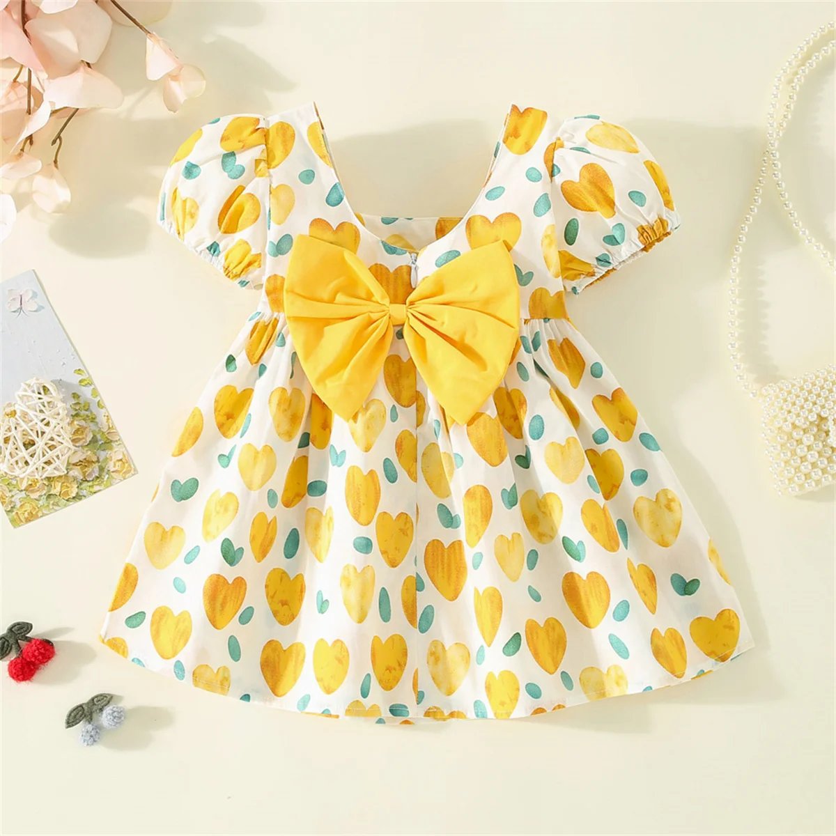 Summer Preschool New 0-3 Year Old Love Print Bow Short Sleeve Daily Knee Length Girls' Dress