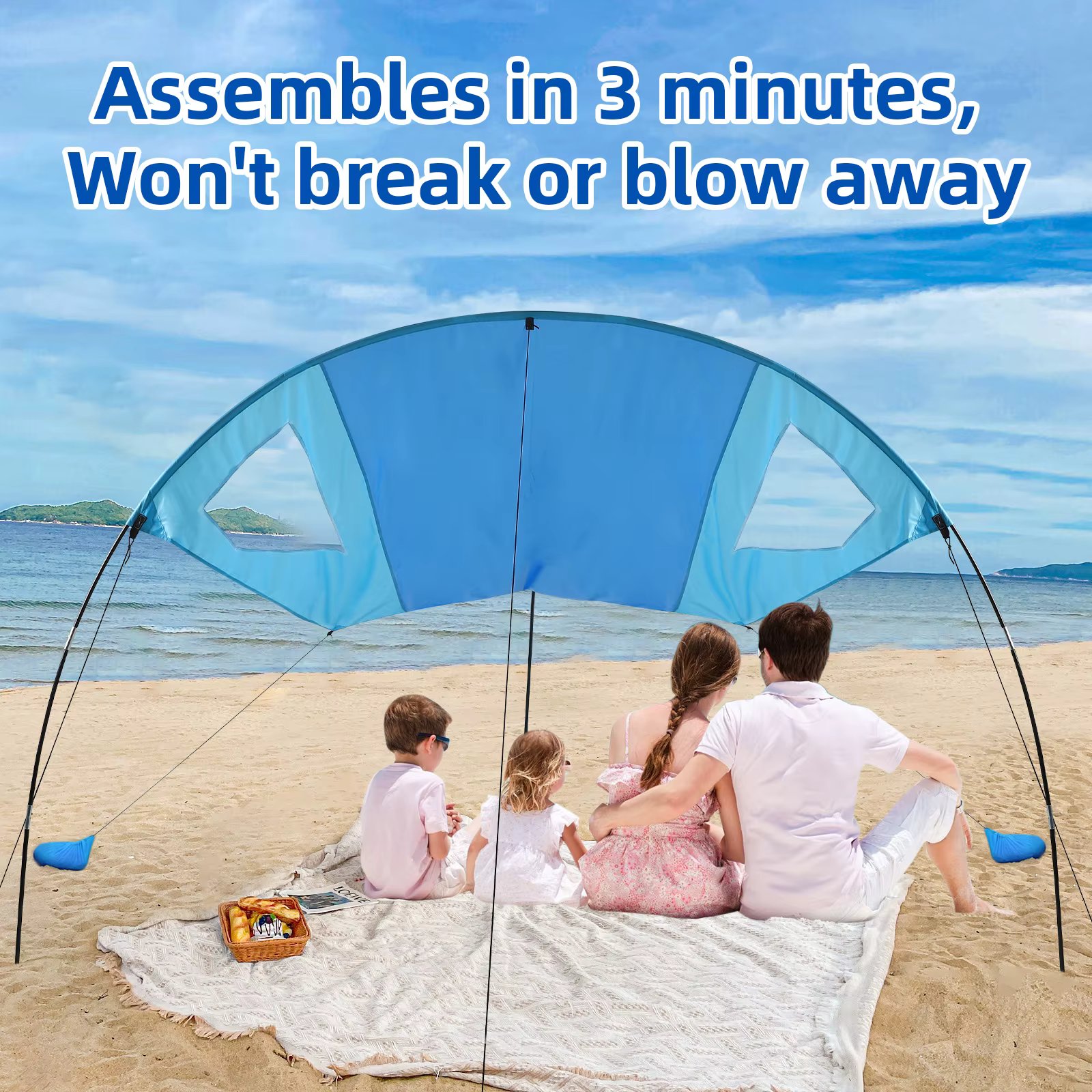 Beach Sunshade Sun Shelter Trip Tent Sky Blue Beach Tunnel Canopy Easy to Carry Install In 3 Minutes Reinforced Corner 3x3x2.4m