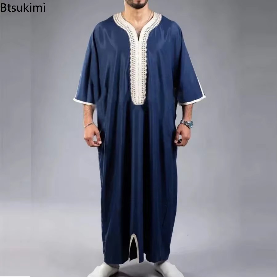 New 2025 Men Arab Muslim Fashion Islamic Clothing Men Embroidered Jubba Thobes Homme Moroccan Kaftan Eid Prayer Long Robe Dress