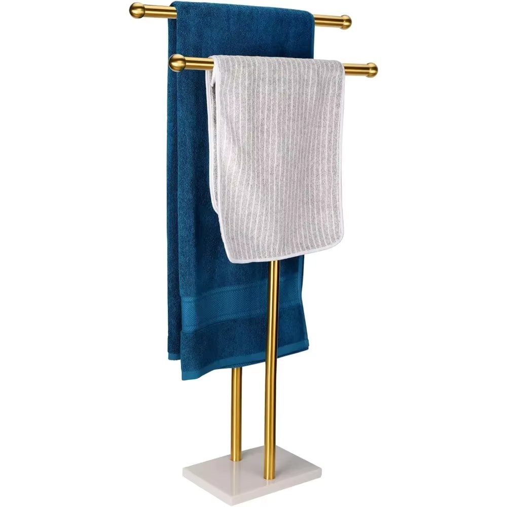 Vertical towel rack double T-shaped tall towel rack, marble design base, 2 layers, stainless steel (brushed gold)