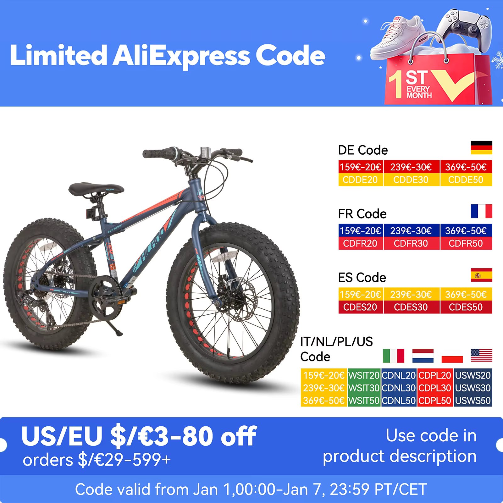Hiland 20 Inch Kids' Bicycles Fat Tire Mountain Bike for  Age 5 + Years, Shimano 7-Speed, Dual-Disc Brake,Kids BeachBicycle
