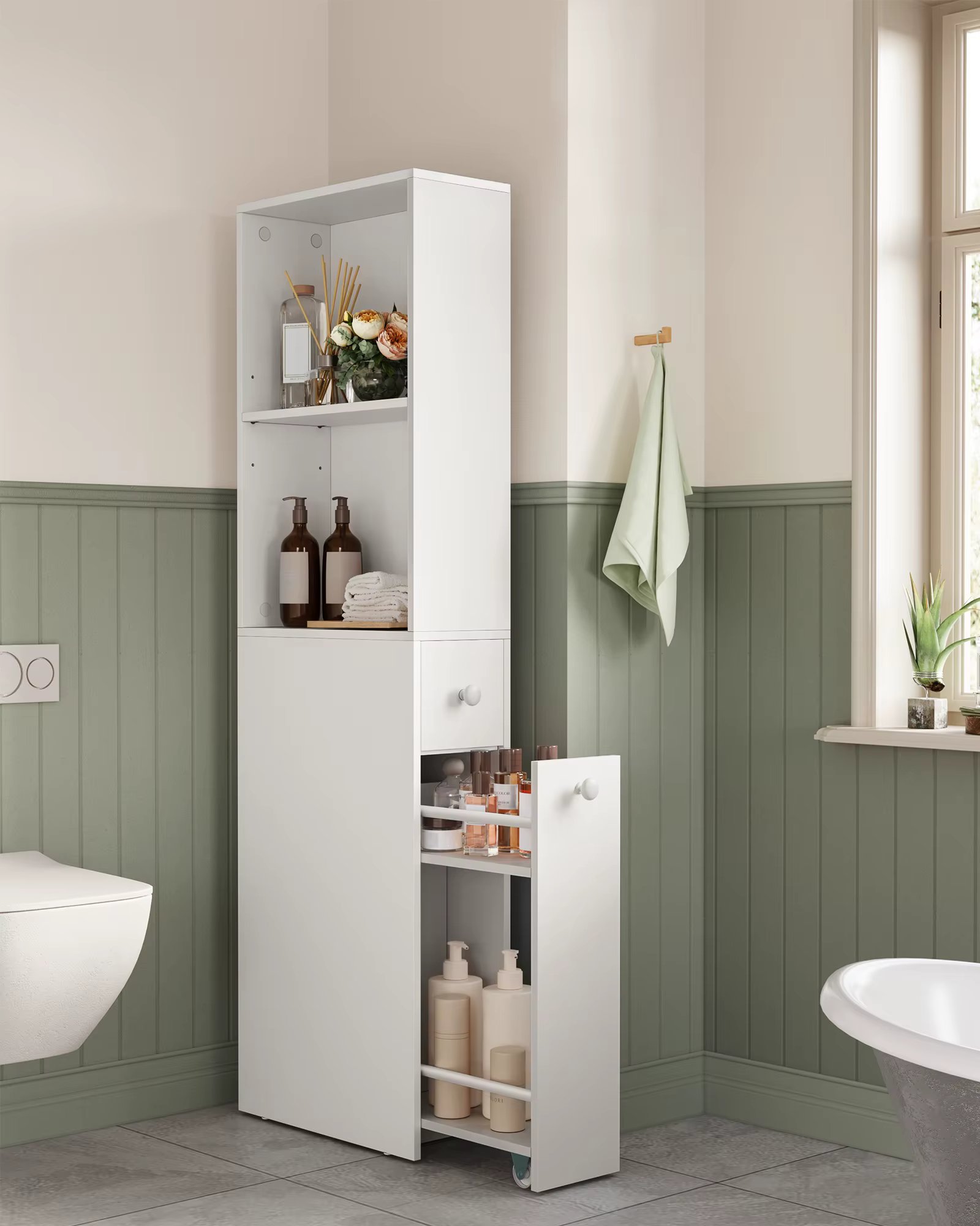 VASAGLE Tall Bathroom Cabinet, Slim Bathroom Storage Cabinet, Freestanding Narrow Storage Unit with Drawers and Adjustable Shelf
