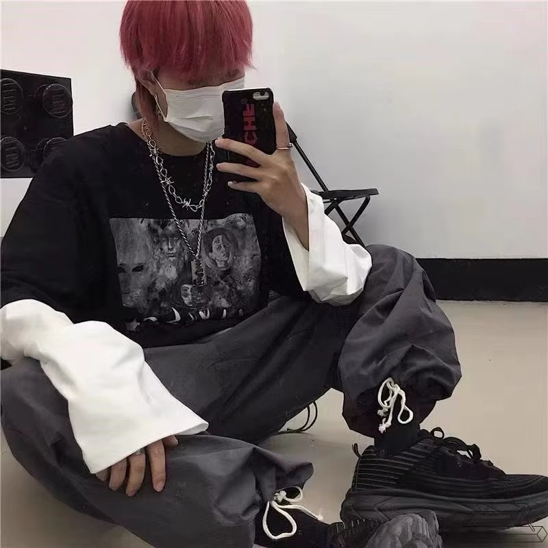 Y2K Emo Men Summer Oversized T-Shirt Korean Harajuku Tshirt Streetwear Dark Academia Hip Hop Alt Long Sleeved T Shirts Clothes