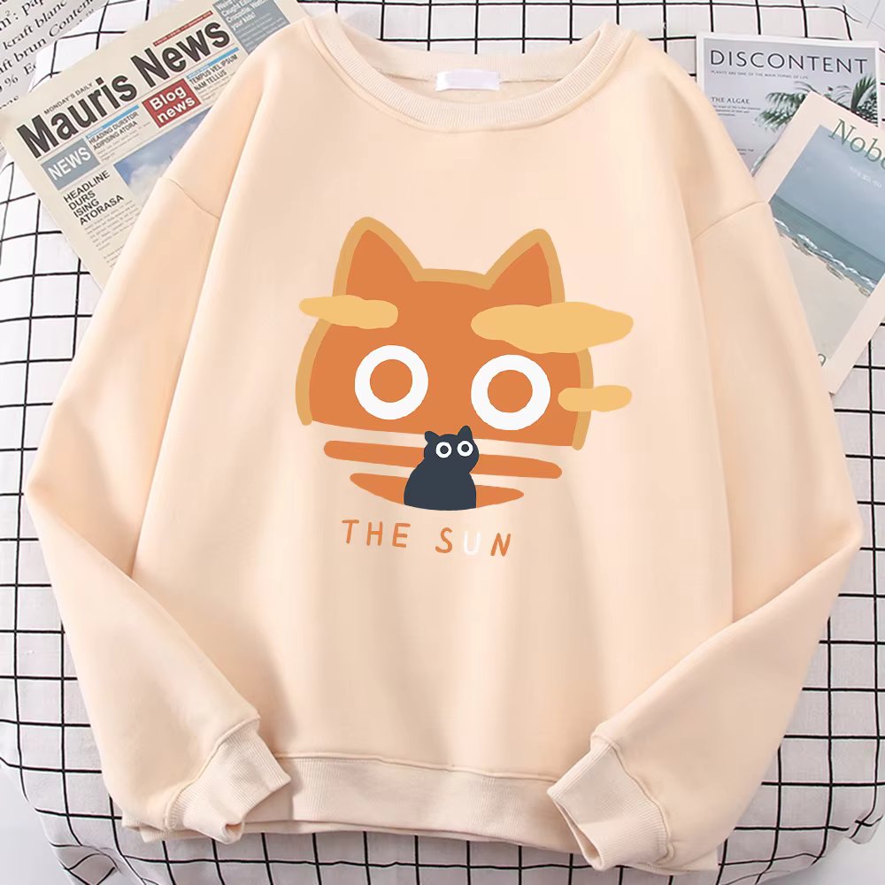 The Sun Orange Cat Fun Cute Print Cartoons Hoody Men Loose Clothing Autumn Winter Fleece Hoodies Loose Comfortable Sweatshirt