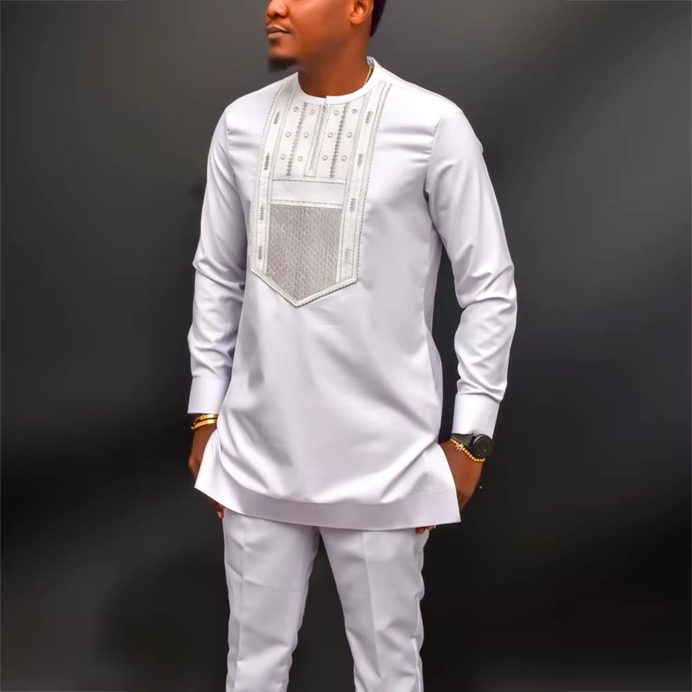 Summer African Men's Traditional Elegant Suits Outfit Dashiki 2Pcs Shirt & Pants Full Set Designer Clothes Abaya Brand Costume