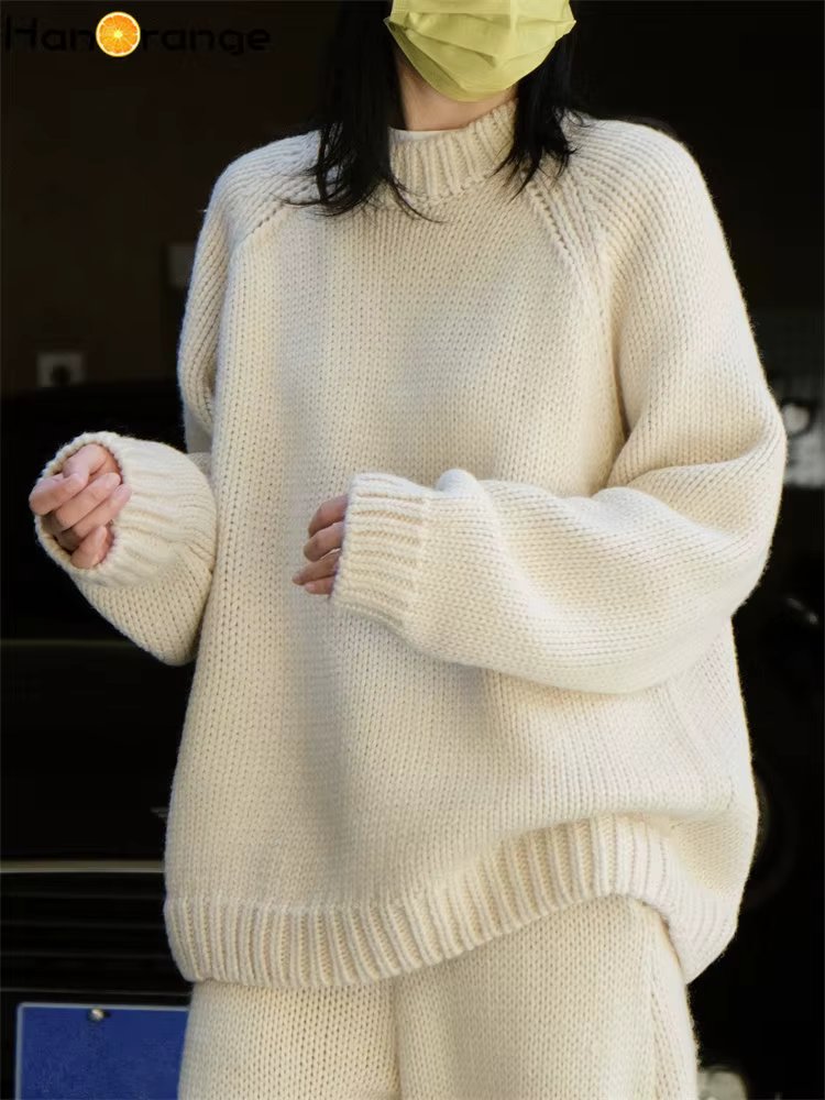 HanOrange 2024 Winter Lazy Casual Wool Pullover Sweater Women Coarse Noodle Vintage Silhouette O-neck Top Female Off-white/Oat