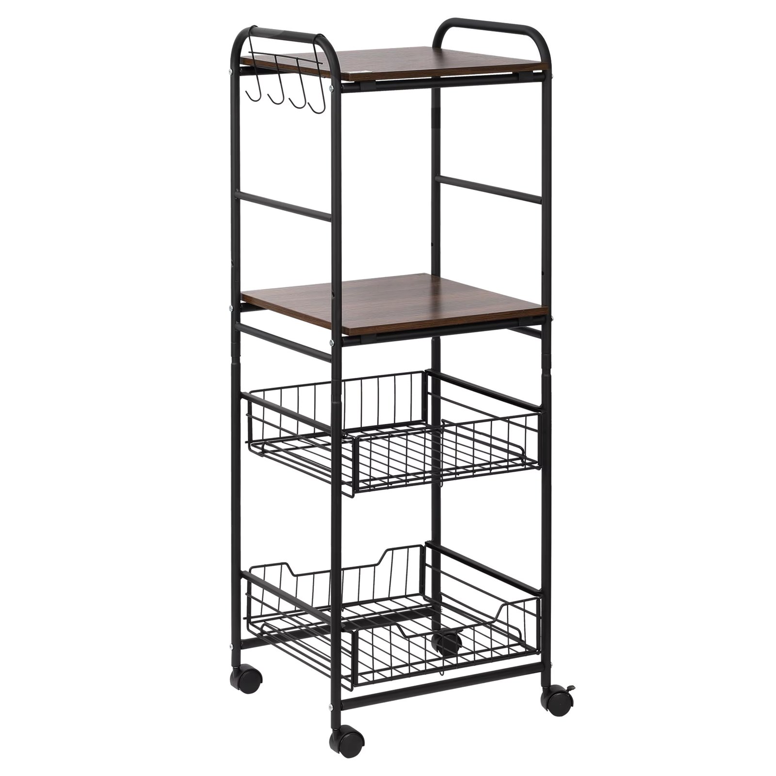 HOMCOM kitchen cart with wheels storage with 2 shelves 2 removable wire baskets and 4 hooks dining room bathroom 40x38x111 cm