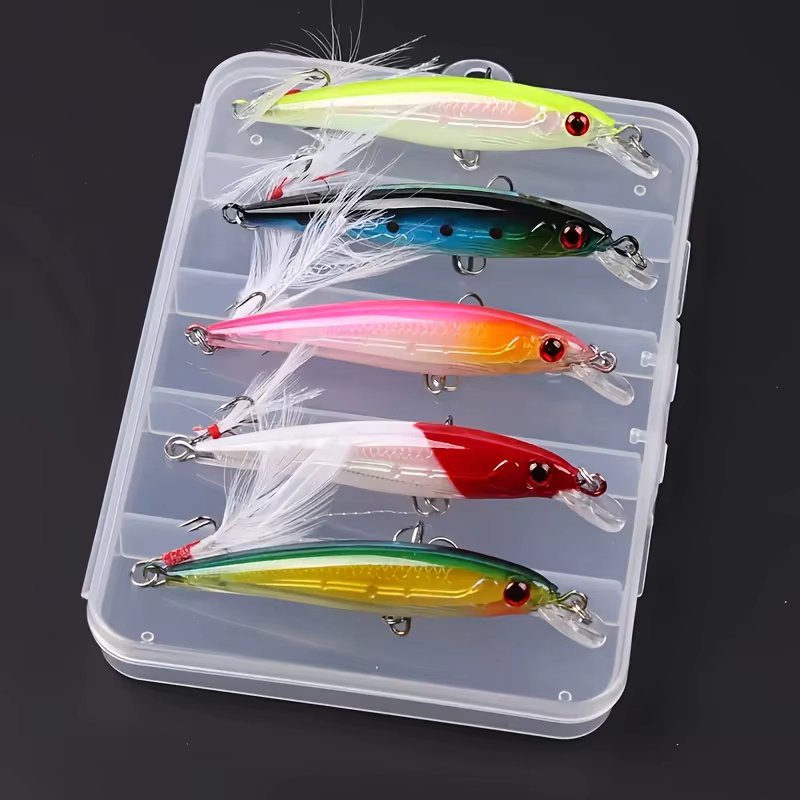 5pcs/set 9cm/6.5g Bionic Minnow Lure, Artificial Hard Bait With Feathered Sharp Hook, Outdoor Fishing Tackle