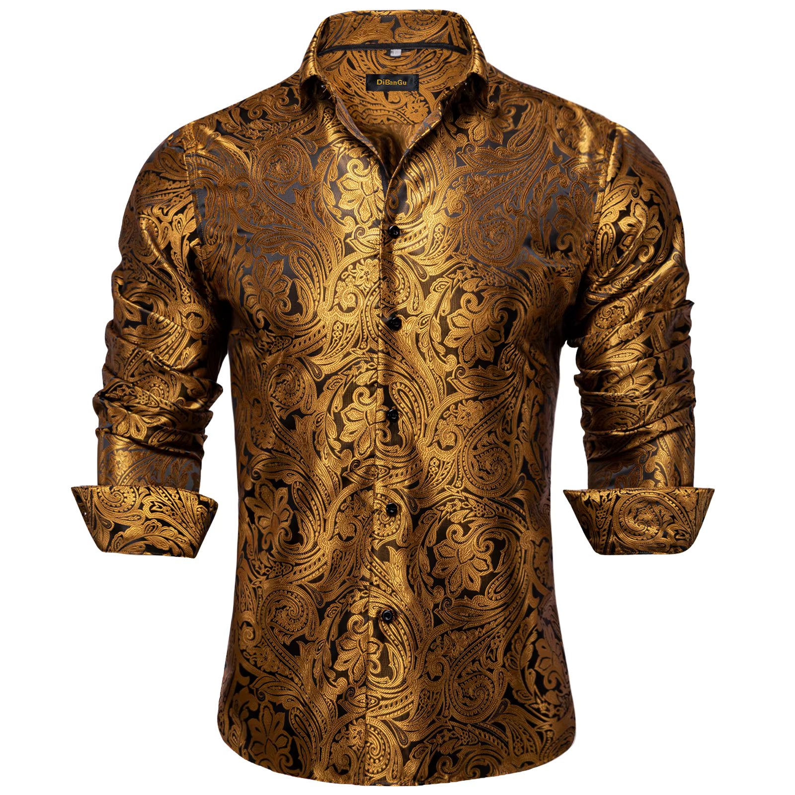 Gold Paisley Silk Shirts for Men Long Sleeve Luxury Brand Tuxedo Wedding Party Men Clothing DiBanGu