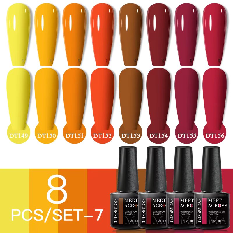 MEET ACROSS 8Pcs/Set Gel Nail Polish Autumn Yellow Coffee Semi Permanent Soak Off UV Gel Nail Art Manicure Kit For Nails